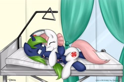 Size: 3000x2000 | Tagged: dead source, safe, artist:mrsremi, nurse redheart, oc, oc:die4ever, earth pony, pony, unicorn, canon x oc, cuddling, duo, eyes closed, female, glasses, hat, mare, nurse hat, operating room, operating table, shipping, smiling, snuggling