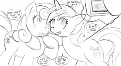 Size: 1280x698 | Tagged: dead source, safe, artist:sweethd, bon bon, lyra heartstrings, sweetie drops, camera, camera shot, female, lesbian, lyrabon, magic, monochrome, selfie, shipping, side hug