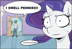 Size: 673x462 | Tagged: safe, artist:shoutingisfun, edit, rarity, oc, oc:anon, human, pony, unicorn, anon's grand entrance, exploitable meme, i smell pennies, meme