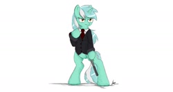 Size: 2000x1063 | Tagged: safe, artist:ncmares, lyra heartstrings, pony, bipedal, clothes, gun, pistol, solo, suit, suppressor