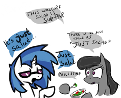 Size: 690x559 | Tagged: safe, artist:enma-darei, artist:paper-pony, dj pon-3, octavia melody, vinyl scratch, earth pony, pony, unicorn, dialogue, food, salad