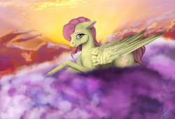 Size: 3722x2539 | Tagged: safe, artist:vinicius040598, fluttershy, pegasus, pony, floppy ears, prone, smiling, solo, sunset