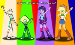 Size: 4104x2444 | Tagged: safe, artist:deannaphantom13, applejack, twilight sparkle, equestria girls, absurd resolution, birthday, crossover, happy birthday, pearl (steven universe), peridot (steven universe), steven universe