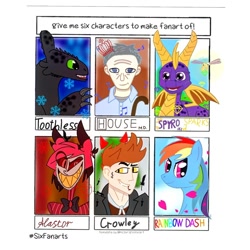 Size: 1080x1080 | Tagged: safe, artist:haruki_and_matthew, derpibooru import, rainbow dash, dragon, human, pegasus, pony, alastor, bust, cane, cloud, crossover, crowley, crown, female, good omens, gregory house, hazbin hotel, house m.d., how to train your dragon, jewelry, male, mare, open mouth, regalia, sharp teeth, six fanarts, smiling, spyro the dragon, teeth, toothless the dragon