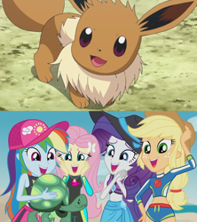 Size: 1280x1439 | Tagged: safe, derpibooru import, edit, edited screencap, screencap, applejack, fluttershy, rainbow dash, rarity, tank, tortoise, aww... baby turtles, better together, equestria girls, awww, cute, eevee, pokémon