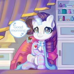 Size: 1500x1500 | Tagged: safe, artist:auroracursed, rarity, pony, unicorn, blushing, clothes, cookie, cute, eating, female, food, glowing horn, horn, magic, mare, morning, morning ponies, mug, raribetes, scarf, smiling, socks, solo, speech, striped socks, talking to viewer, telekinesis, watermark