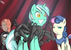 Size: 1600x1134 | Tagged: safe, artist:brainsucks, bon bon, lyra heartstrings, sweetie drops, bon bon is not amused, crossover, funny, hand, irrational exuberance, konami, metal gear, metal gear rising, middle finger, mistral, that pony sure does love hands