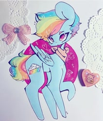 Size: 720x848 | Tagged: safe, artist:dollbunnie, derpibooru import, rainbow blitz, rainbow dash, pegasus, pony, clothes, eyebrows, fanart, heart, instagram, male, rilakkuma, rule 63, scarf, solo