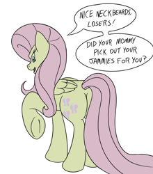 Size: 1069x1216 | Tagged: safe, artist:keboponda, fluttershy, pegasus, pony, 30 minute art challenge, bronybait, dialogue, discorded, flutterbitch, plot, simple background, solo, white background