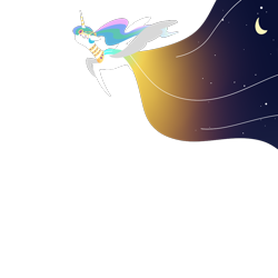 Size: 1000x1000 | Tagged: safe, artist:neoncandies, princess celestia, alicorn, pony, alternate hairstyle, clothes, dress, eyes closed, female, flying, horn jewelry, jewelry, mare, moon, peytral, ponytail, simple background, solo, stars, sun, the mare who became queen, transparent background