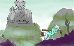 Size: 1024x640 | Tagged: safe, artist:fanma, lyra heartstrings, buddha, buddhism, manji, monk, religion, training