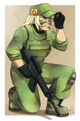 Size: 826x1244 | Tagged: safe, artist:hazurasinner, applejack, human, army, face paint, gun, humanized, military, soldier, solo, weapon