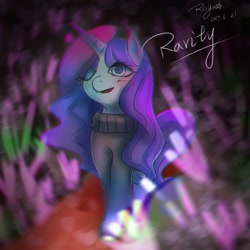 Size: 1000x1000 | Tagged: safe, artist:roya, rarity, pony, unicorn, beatnik rarity, beret, clothes, female, hat, mare, one eye closed, solo, sweater, wink