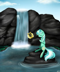 Size: 2500x3000 | Tagged: safe, artist:kitsunehino, lyra heartstrings, lyre, magic, solo, waterfall