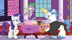 Size: 1366x768 | Tagged: safe, screencap, rarity, spike, dragon, pony, unicorn, between dark and dawn, bowl, column, flying, food, hat, ladle, levitation, magic, monocle, nervous, nervous grin, party hat, table, tablecloth, telekinesis, window, winged spike