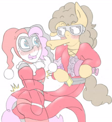 Size: 3000x3254 | Tagged: safe, artist:blackbewhite2k7, cheese sandwich, pinkie pie, earth pony, pony, blue underwear, cheesepie, clothes, crossover, elastic, female, harley quinn, imminent kissing, lips, male, plastic man, shipping, sketch, straight, stretching, tied up, underwear, wip