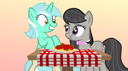 Size: 1264x702 | Tagged: safe, lyra heartstrings, octavia melody, earth pony, pony, unicorn, clothes, female, lesbian, meatballs, octyra, pants, pasta, ponies eating meat, shipping, spaghetti