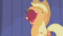 Size: 1280x720 | Tagged: safe, screencap, applejack, earth pony, pony, boast busters, apple, eyes closed, food, open mouth, solo, that pony sure does love apples