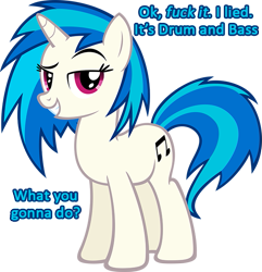 Size: 625x647 | Tagged: safe, dj pon-3, vinyl scratch, pony, unicorn, blood sugar (pendulum), drum and bass, image macro, pendulum, solo, song reference, vulgar