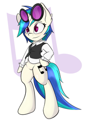 Size: 679x972 | Tagged: safe, artist:rainbro-stache, dj pon-3, vinyl scratch, pony, bipedal, bottomless, clothes, solo, standing, vest