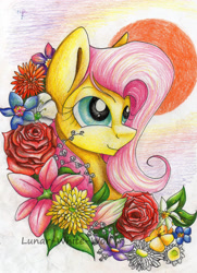 Size: 2424x3353 | Tagged: safe, artist:lunar-white-wolf, fluttershy, pegasus, pony, bust, female, flower, looking up, mare, portrait, smiling, solo, traditional art