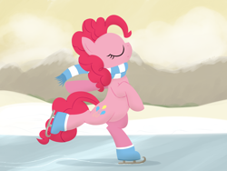 Size: 2560x1920 | Tagged: safe, artist:dtcx97, pinkie pie, pony, winter wrap up, bipedal, clothes, cute, diapinkes, eyes closed, ice skating, profile, scarf, solo, winter