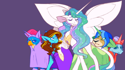 Size: 1920x1080 | Tagged: safe, artist:uunicornicc, gallus, ocellus, princess celestia, yona, oc, oc:ilovekimpossiblealot, alicorn, changedling, changeling, griffon, pony, yak, horse play, angry, clothes, costume, ethereal mane, eyes closed, female, floppy ears, leonine tail, male, mare, missing accessory, oblivious, peytral, raised hoof, simple background, smiling, spread wings, starry mane, wings