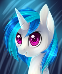 Size: 622x737 | Tagged: safe, artist:ghst-qn, dj pon-3, vinyl scratch, pony, unicorn, bust, colored pupils, female, grin, mare, portrait, signature, smiling, solo