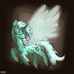 Size: 1100x1100 | Tagged: safe, artist:king-kakapo, lyra heartstrings, angel, pony, unicorn, /mlp/, angelic wings, dirty, ear fluff, eyes closed, injured, messy hair, messy mane, mud, smiling, solo, wings