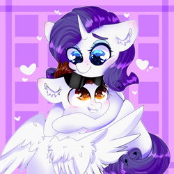 Size: 2000x2000 | Tagged: safe, artist:etoz, rarity, oc, pegasus, pony, unicorn, abstract background, blushing, canon x oc, commission, cute, heart, horn, hug, shipping, smiling, wingding eyes, wings