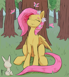 Size: 1024x1136 | Tagged: safe, artist:double-zr-tap, fluttershy, butterfly, pegasus, pony, rabbit, eyes closed, flower, flower in hair, forest, sitting, solo