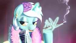 Size: 1920x1080 | Tagged: safe, artist:yoka-the-changeling, lyra heartstrings, pony, unicorn, cigarette, cigarette holder, hand, looking at you, magic, magic hands, microphone, smoking, solo