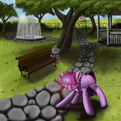 Size: 3000x3000 | Tagged: safe, artist:idontrunntoofast, derpibooru import, spike, twilight sparkle, twilight sparkle (alicorn), alicorn, dragon, pony, female, magic, mare, nplh