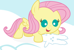 Size: 6000x4000 | Tagged: safe, artist:spottedlions, fluttershy, pegasus, pony, rabbit, absurd resolution, baby, baby pony, babyshy, cloud, cute, shyabetes, smiling, solo