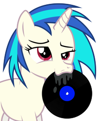Size: 4958x6000 | Tagged: safe, artist:masem, dj pon-3, vinyl scratch, pony, unicorn, absurd resolution, drool, face, faic, female, horn, mare, mouth hold, record, simple background, solo, transparent background, vector
