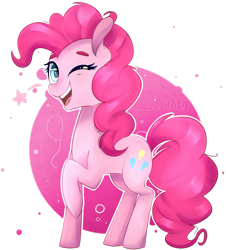 Size: 1024x1131 | Tagged: safe, artist:slasharu, pinkie pie, earth pony, pony, abstract background, cute, diapinkes, female, mare, one eye closed, open mouth, raised hoof, solo, stars, wink