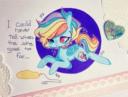 Size: 720x548 | Tagged: safe, artist:dollbunnie, derpibooru import, rainbow dash, pegasus, pony, ;'(, cats millionaire, crying, long ears, marker drawing, sad, song reference, traditional art, yellow horse