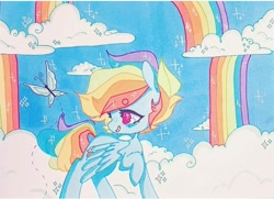 Size: 720x522 | Tagged: safe, artist:dollbunnie, derpibooru import, rainbow dash, butterfly, pegasus, pony, cloud, cloudsdale, eyebrows, instagram, marker drawing, rainbows, short hair, sparkles, traditional art, wings