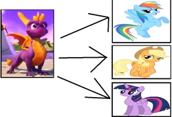 Size: 761x518 | Tagged: safe, derpibooru import, applejack, rainbow dash, twilight sparkle, twilight sparkle (alicorn), alicorn, dragon, earth pony, pegasus, pony, crack shipping, shipping, spyro rei, spyro the dragon, spyrodash, vector