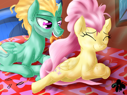 Size: 2800x2100 | Tagged: safe, artist:katakiuchi4u, fluttershy, zephyr breeze, pegasus, pony, flutter brutter, alternate hairstyle, bed, brother and sister, colored pupils, comb, duo, eyes closed, female, male, mare, prone, siblings, smiling, stallion