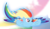 Size: 776x446 | Tagged: safe, derpibooru import, screencap, rainbow dash, pegasus, pony, twilight's kingdom, cropped, flying, glow, rainbow power, rainbow power-ified, smiling, solo, spread wings, wings