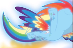 Size: 659x430 | Tagged: safe, derpibooru import, screencap, rainbow dash, pegasus, pony, twilight's kingdom, cropped, flying, glow, nose in the air, rainbow power, rainbow power-ified, smiling, solo, spread wings, wings