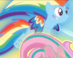 Size: 669x536 | Tagged: safe, derpibooru import, screencap, rainbow dash, pegasus, pony, twilight's kingdom, cropped, flying, glow, rainbow power, rainbow power-ified, smiling, solo, spread wings, wings