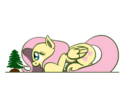 Size: 1280x960 | Tagged: safe, artist:flutterluv, fluttershy, pegasus, pony, cute, female, mare, open mouth, prone, shyabetes, simple background, smiling, solo, transparent background, tree