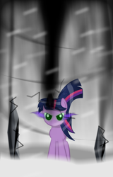 Size: 1600x2500 | Tagged: safe, artist:izeer, derpibooru import, twilight sparkle, dark magic, magic, snow, snowfall, solo, sombra eyes