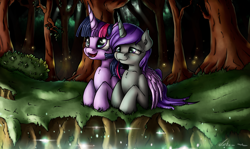 Size: 3636x2160 | Tagged: safe, artist:neko-me, derpibooru import, twilight sparkle, twilight sparkle (alicorn), oc, alicorn, pony, canon x oc, cliff, female, forest, hug, mare, winghug