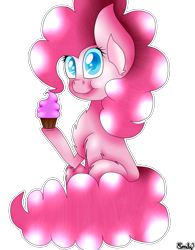 Size: 937x1200 | Tagged: safe, artist:pinkpearlmlp, pinkie pie, pony, colored pupils, cupcake, food, simple background, sitting, solo, transparent background