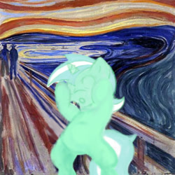 Size: 894x894 | Tagged: safe, artist:nothingbutponiesro, lyra heartstrings, pony, unicorn, female, fine art parody, horn, mare, the scream