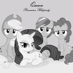 Size: 2000x2000 | Tagged: safe, artist:grapefruitface1, artist:slb94, derpibooru import, applejack, pinkie pie, rainbow dash, rarity, earth pony, pegasus, pony, unicorn, gradient background, grayscale, looking at you, lying down, monochrome, ponified single cover, queen (band), single cover, sitting