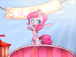 Size: 4000x3000 | Tagged: safe, artist:siilentrain, pinkie pie, earth pony, pony, banner, bipedal, chest fluff, colored pupils, crepuscular rays, cute, dab, diapinkes, ear fluff, female, heart, looking back, mare, open mouth, sideways glance, sign, smiling, solo, underhoof